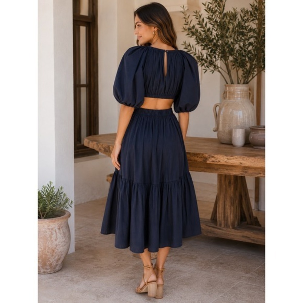 Ulla Johnson Claire Dress Midnight Navy Cutout Puff Sleeve Midi Size 8 Open Back